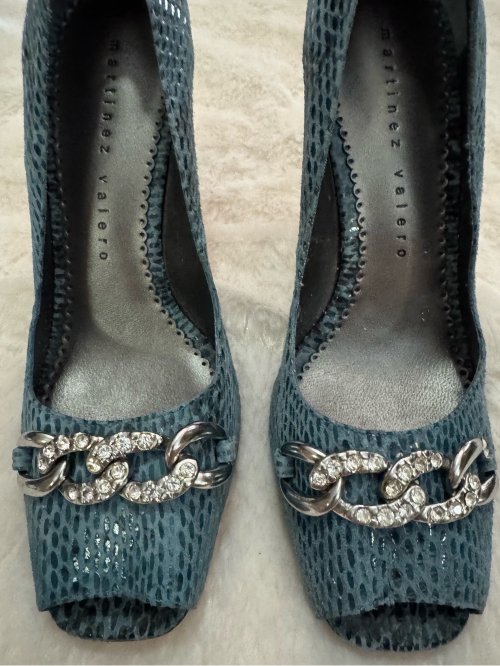 Martinez Valero Teal Textured Peep-Toe Pumps with Crystal Chain